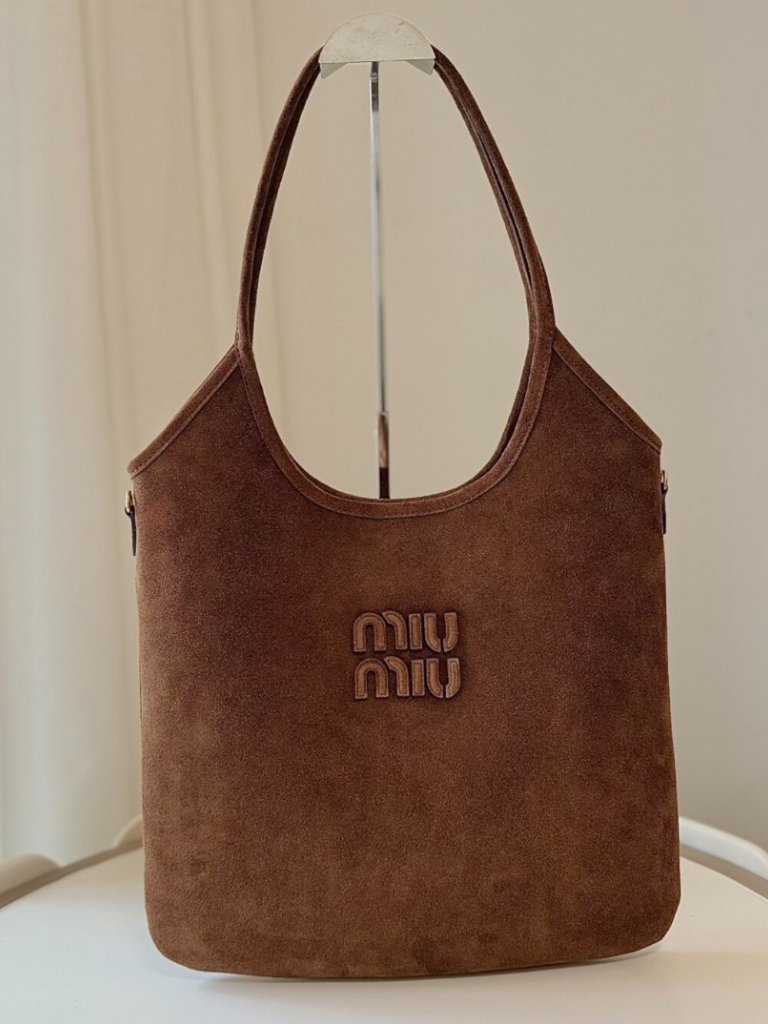 Miu Miu Brown Suede Hobo Tote Bag Embossed Logo Shoulder Handbag
